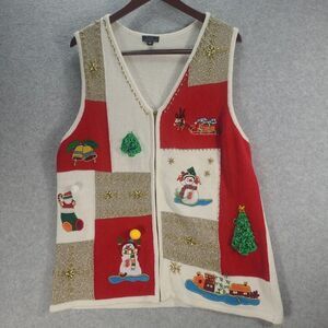 Lisa International Christmas Patchwork Zip Up Sweater Vest~Size‎ 1X Sleeveless